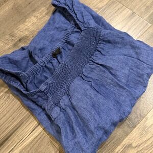 Talbots Petite Medium Blue Linen Smocked Square Neck Puff Sleeve Blouse Top